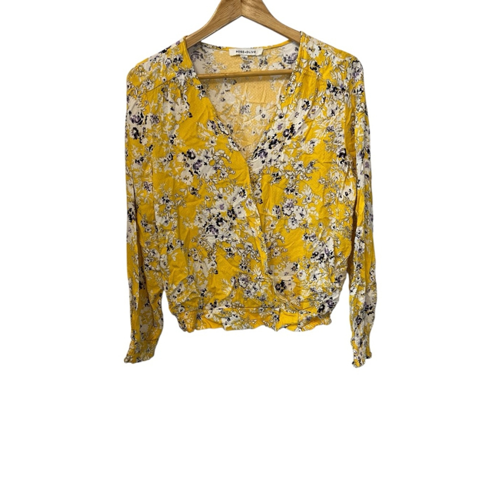 Rose + Olive Yellow Floral Wrap Style Blouse Boho Cottagecore Medium - Picture 2 of 10